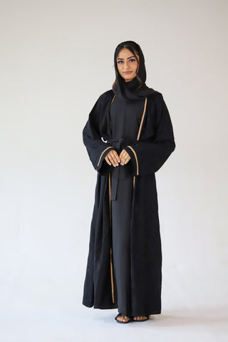 Four piece abaya set - Black embroidery with gold crystal diamond strip Four piece abaya set - Black embroidery with gold crystal diamond strip