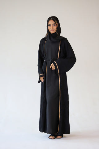 Four piece abaya set - Black embroidery with gold crystal diamond strip Four piece abaya set - Black embroidery with gold crystal diamond strip