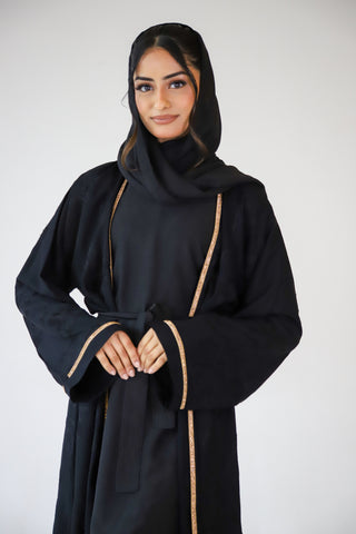 Four piece abaya set - Black embroidery with gold crystal diamond strip Four piece abaya set - Black embroidery with gold crystal diamond strip