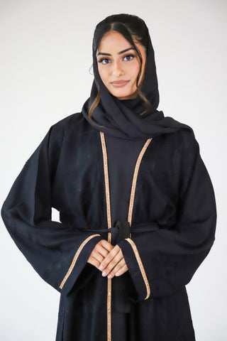 Four piece abaya set - Black embroidery with gold crystal diamond strip Four piece abaya set - Black embroidery with gold crystal diamond strip