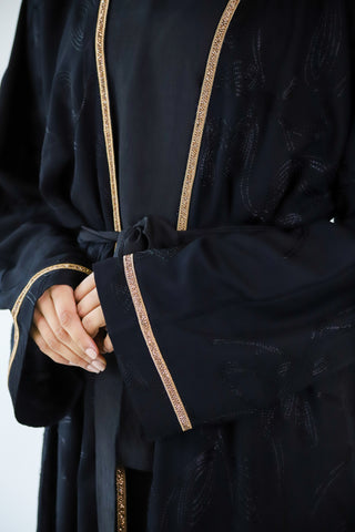 Four piece abaya set - Black embroidery with gold crystal diamond strip Four piece abaya set - Black embroidery with gold crystal diamond strip