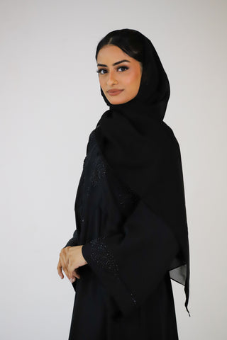 Black Umbrella Abaya with big motif and Inner Belt Black Umbrella Abaya with big motif and Inner Belt